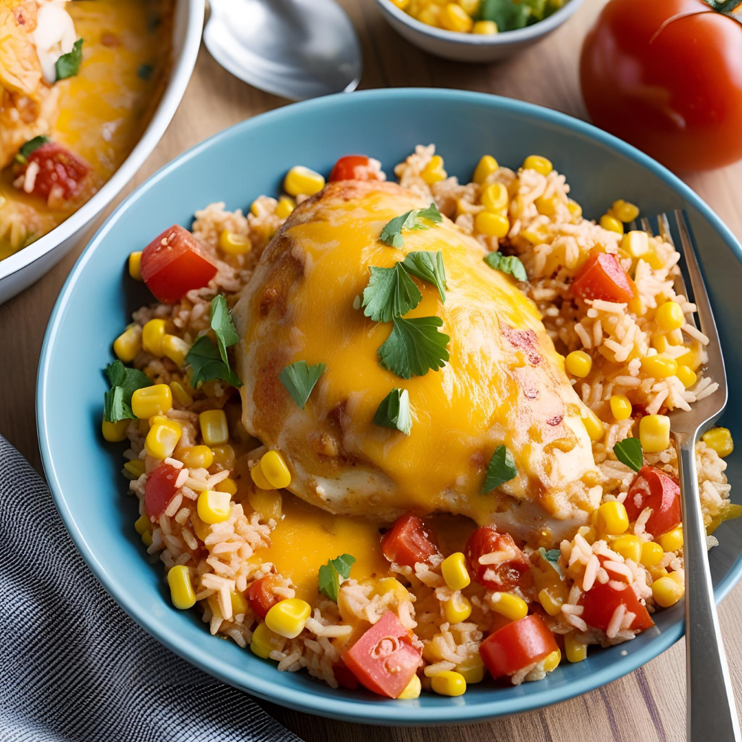 Oven-Baked Cheesy Chicken with Corn & Tomato Rice